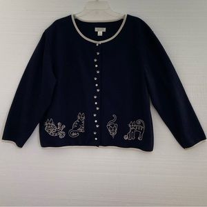 Christopher & Banks Navy/Cream Cat Sweater Size XL, Snap Closure